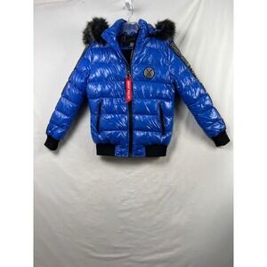 Robert Phillipe Puffer Jacket Mens Size M Royal Blue Glossy Faux Fur Hood LJN30